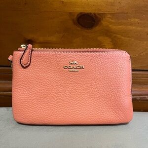 Coach Double Zip Wristlet – Pebbled Leather -Coral –NWOT– Dust Bag Included